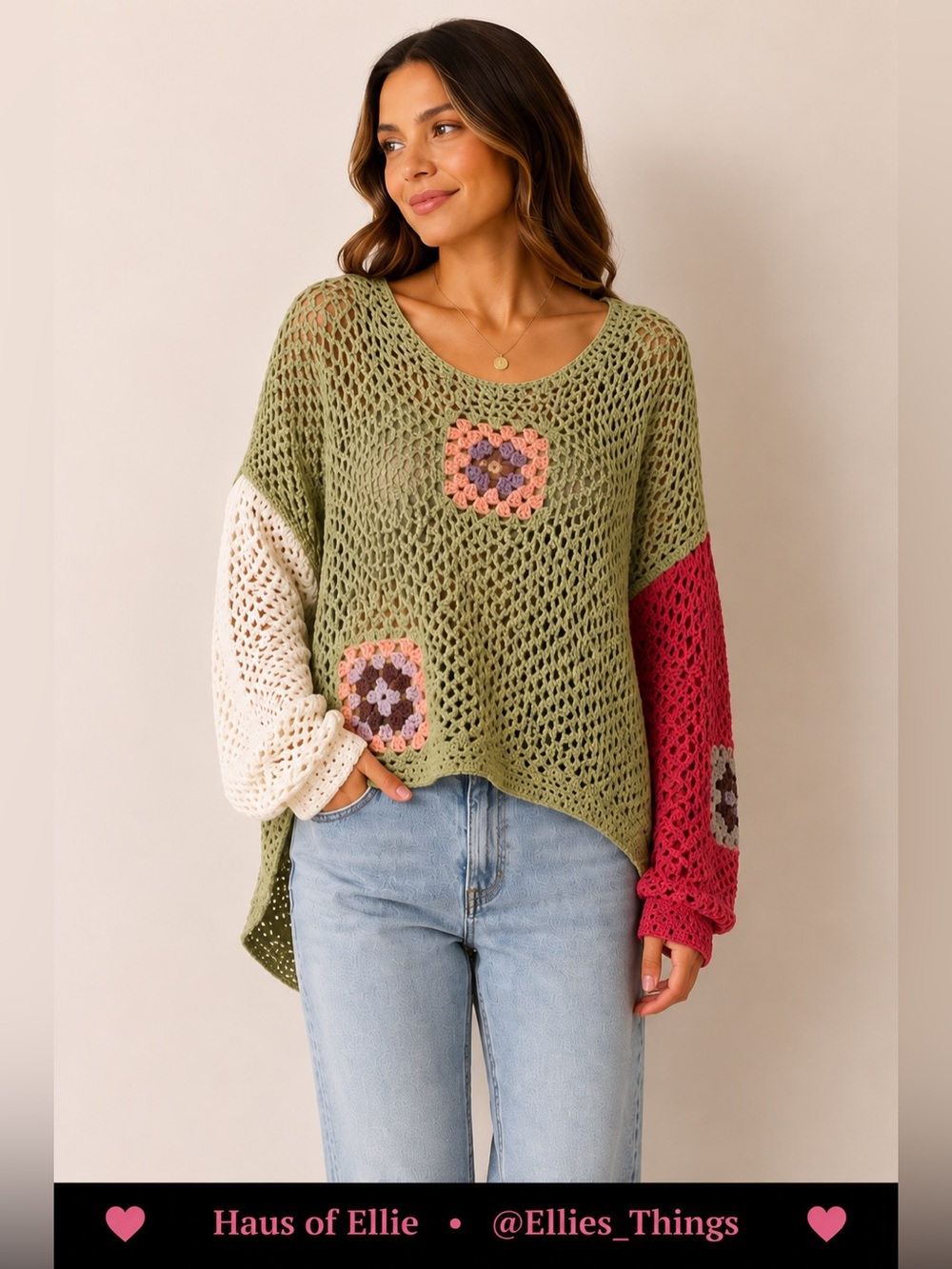 POL Crochet Open Knit Granny Square Sweater Olive Boho Oversized S NWOT